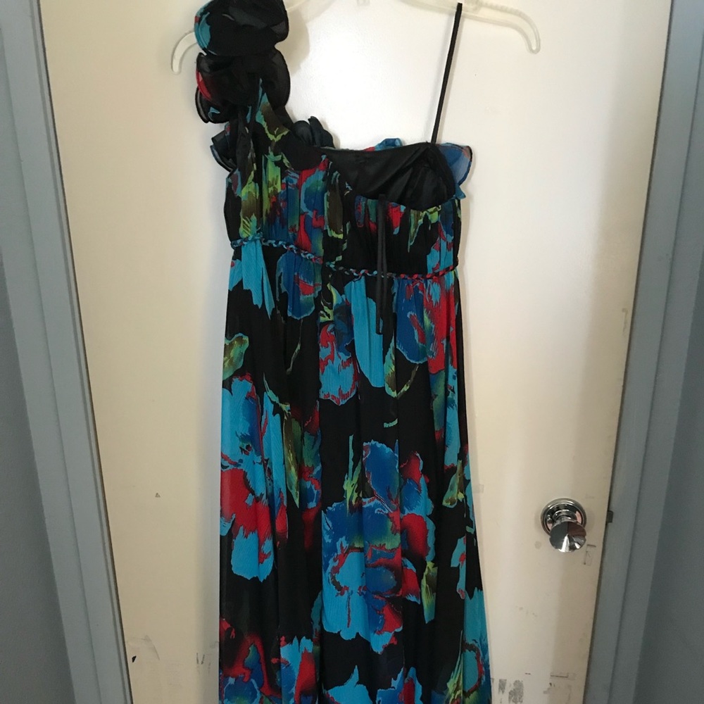 Vintage Aqua One Shoulder Black Floral Dress | Size 2